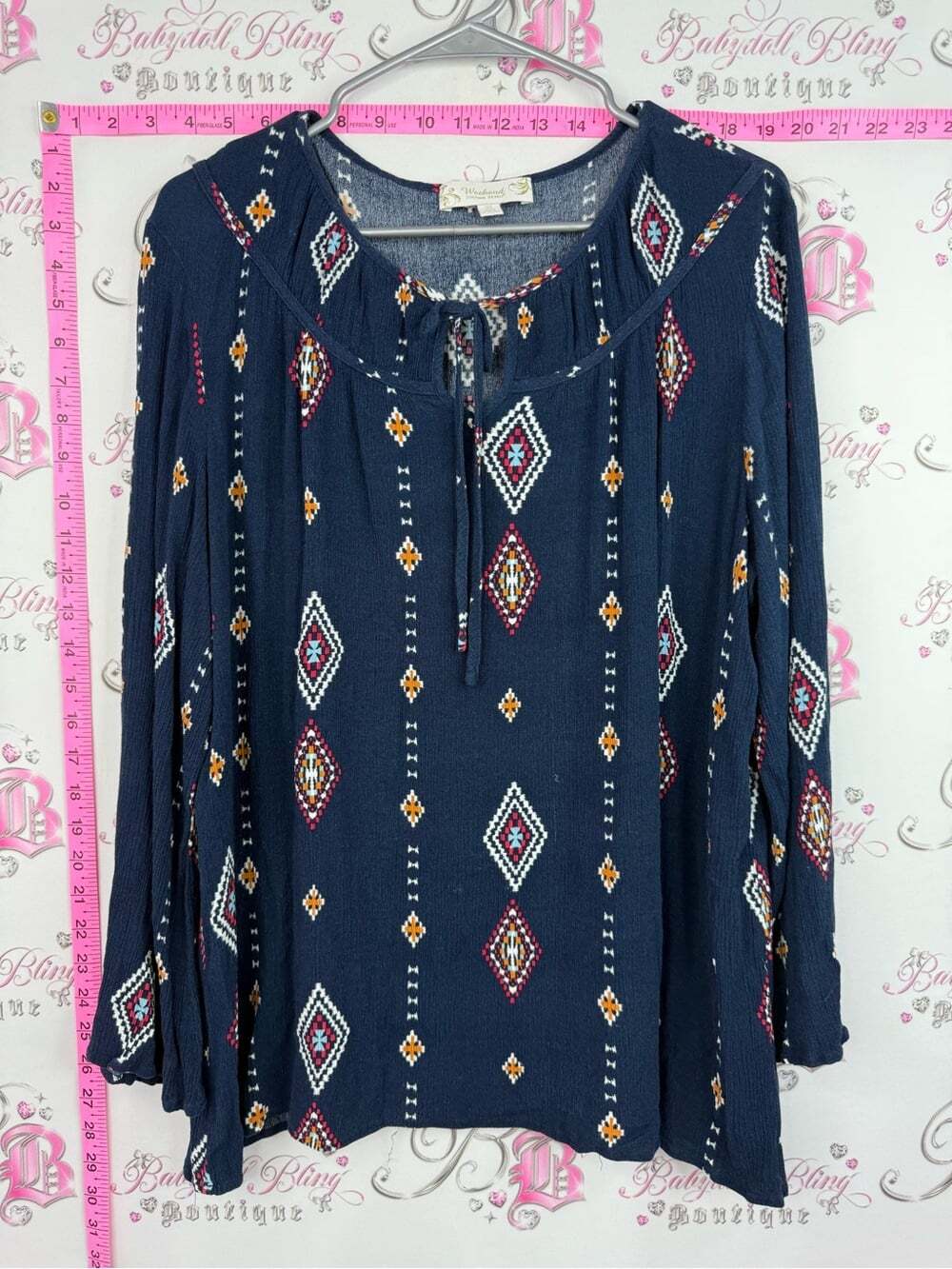 Weekend top blouse Navy Diamond-Print Tie-Neck Peasant Blouse